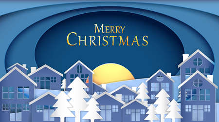 we wish you a Merry Christmas and Happy New Year, Paper art design, Advertising with winter composition in paper cut style, blue tone, Vector illustration, holiday partyのイラスト素材