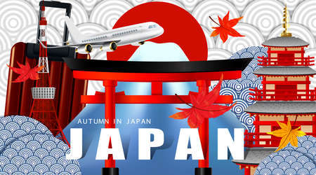 Panorama of autumn season red maple leaves with mountain and torii gate and pagoda in Japan world famous landmarks, Travel concept, airplane transportationのイラスト素材