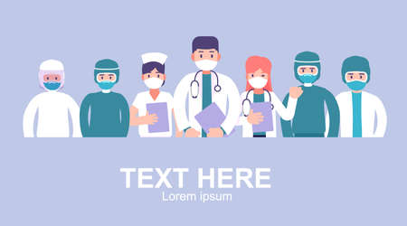Coronavirus 2019, Group of medics, Doctors characters in white medical face mask, Stop Coronavirus concept, Medical team doctor nurse therapist surgeon professional hospital workers, vector illustratorのイラスト素材