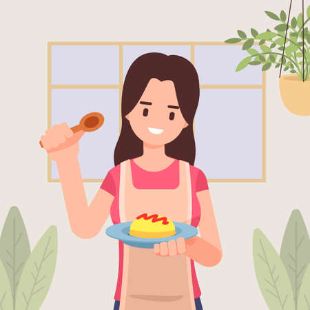 Girl with apron is cooking, Holding plate with omelet topped ketchup in the Kitchen, ingredients chef cooking, Homemade food, dinner, Vector illustration in flat styleのイラスト素材