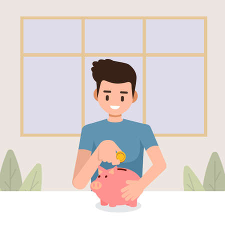 Man holds a piggy bank, Saving finances, Flat vector illustrationのイラスト素材
