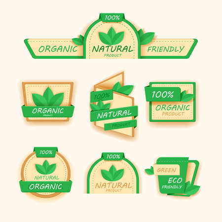 Healthy food icons or labels, Organic tags, Natural product elements, Logo vegetarian menu, Vegan emblem, Fresh nature product, vector illustrationのイラスト素材