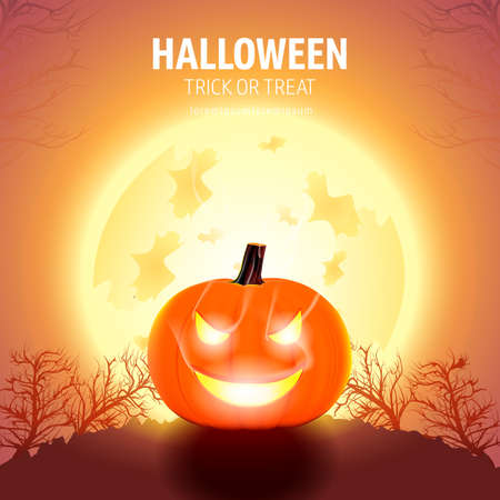 Halloween pumpkins with moonlight and trees backgroundのイラスト素材
