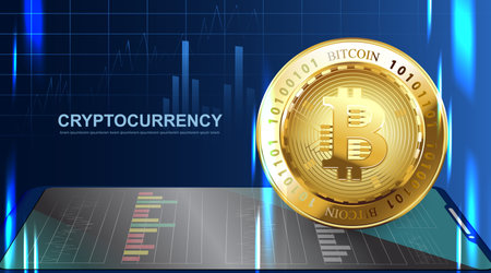 Crypto currency Bitcoin. Blue Background Digital Web Money Technology Banner With Copy Space. Vector Illustrationのイラスト素材