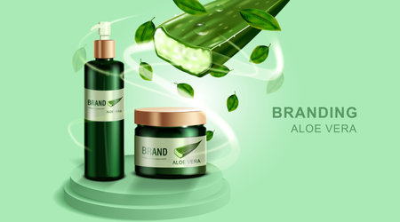 Cosmetics or skincare product. Bottle mockup and Aloe vera with green background. vector illustration.のイラスト素材