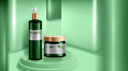 Cosmetics or skincare product. Green bottle Mockup and green wall background. vector illustration.のイラスト素材