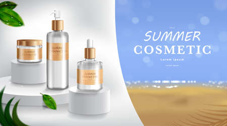 Advertising for sunscreen cream and spray. Cosmetic tube and realistic bottle at beach and sea. Branding and packaging design template. vector illustrationのイラスト素材