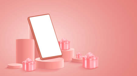 Minimalist mockup. Smartphone on Stage or podium for product presentation or showcase on Pink background. Vector Illustration.のイラスト素材