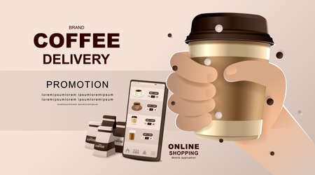 Online concept. Coffee shop delivery on mobile. Food and drink order application. Vector illustration.のイラスト素材