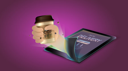 Online concept. Coffee shop delivery on mobile. Food and drink order application. Vector illustration.のイラスト素材