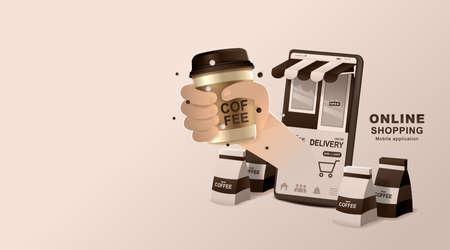 Online concept. Coffee shop delivery on mobile. Food and drink order application. Vector illustration.のイラスト素材