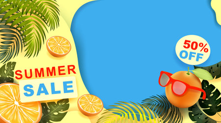Summer banner template with Tropical leaves.