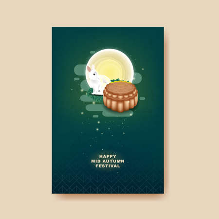 Mid Autumn festival with rabbit and moon, mooncake on color pattern Background.のイラスト素材