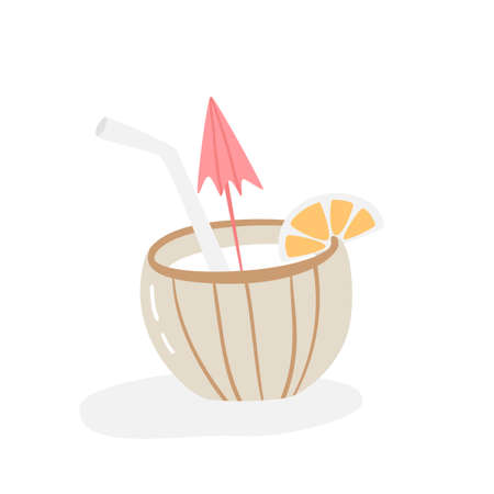 Exotic cocktail in coconut. Summer vacation in paradise. Resort concept. Coconut cocktail with straw, umbrella and orange slice. Vector illustration in modern flat styleのイラスト素材