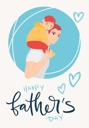 Happy Father's Day! Cartoon illustration with dad and son. Cute holidays poster, greeting card or banner blue circle background. The child sleeps on the shoulders of the father.のイラスト素材