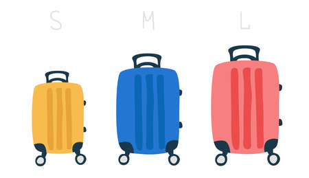 Set of suitcases of different sizes. S, M, L size detailed rolling suitcase. Small, medium and large luggage suitcases. Vector cartoon illustration. Front view.のイラスト素材