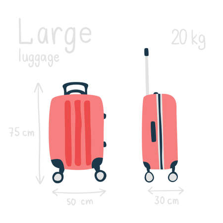 Pink detailed rolling suitcase, large suitcase for luggage. Trolley case, flight bag on wheels for business trip, summer vacation, travel. Front, side view. Suitcase L size. Vector set.のイラスト素材