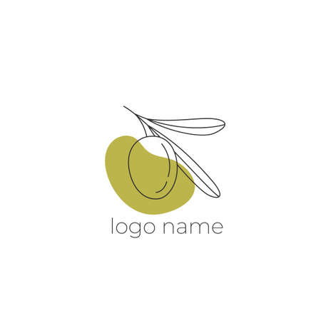 Logo of olives on a branch. Modern logo in line style on color spot. Minimalistic floral vector illustration. Elegant sign for canned olives, olive oil, olive plantation. logo of branchのイラスト素材