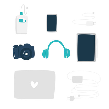 A set of technical devices. you can take it with you on a trip. A set of a laptop, charger, phone, tablet, power bank, camera and headphones on a white background. Vector illustration.のイラスト素材