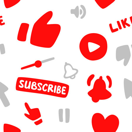 Seamless pattern.Subscription, call button and hand cursor. Red button subscribe to a channel, blog, Like button, thank you, volume icon, call. Background in social networks. Marketing. Vector illustration.のイラスト素材
