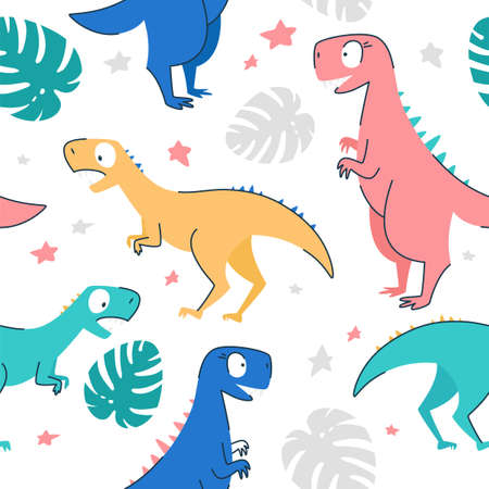 Seamless patterns. Concept for a child. Yellow pink blue turquoise dinosaurs with monstera leaves and stars. Flat vector illustration.のイラスト素材