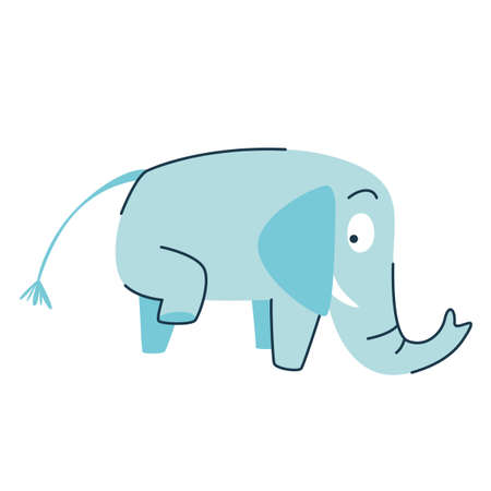 Funny cartoon cute blue elephant. The cute elephant raised his leg. Side view. A funny animal. Isolated over white background. Vector illustration.のイラスト素材