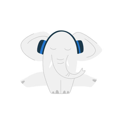 Funny cartoon cute gray elephant. Cute elephant listens to music in headphones while sitting on a twine. A funny animal. Isolated over white background. Vector illustration.のイラスト素材