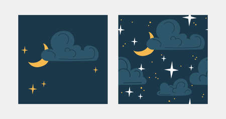 Seamless patterns. And a separate illustration. Clear weather concept. Clouds with a month and stars on a dark background. Flat vector illustration.のイラスト素材