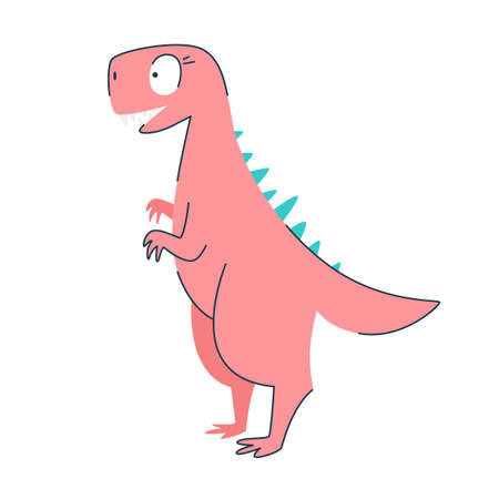 Funny cartoon cute pink dinosaur. Cute happy dinosaur girl. Funny pink dragon mascot. Isolated over white background. Vector illustration.のイラスト素材