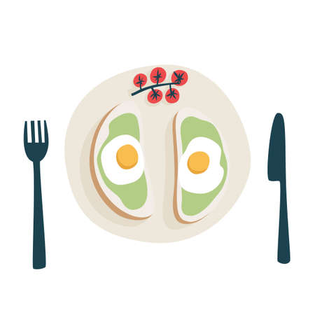 Breakfast of toast with guacamole and fried egg. toast with cherry tomatoes on a plate with a fork and knife. Vector illustration. Isolated vector illustrations.のイラスト素材