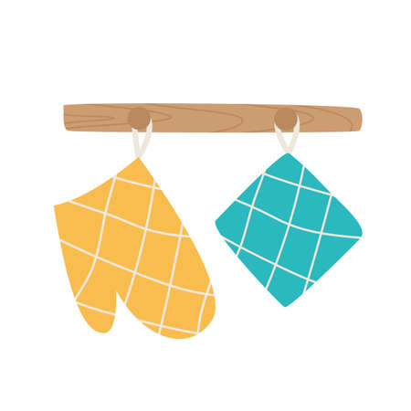 A glove and oven mitt hang on the counter icon. Kitchen utensils concept. Sign of heat protective home textiles on a white background, Oven mittens and potholders. Vector graphics. Isolated vector illのイラスト素材