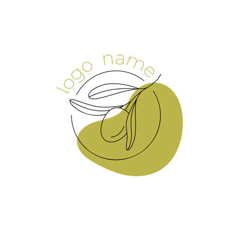 Logo of olives on a branch. Modern logo in line style on color spot. Minimalistic floral vector illustration. Elegant sign for canned olives, olive oil, olive plantation. logo of branchのイラスト素材