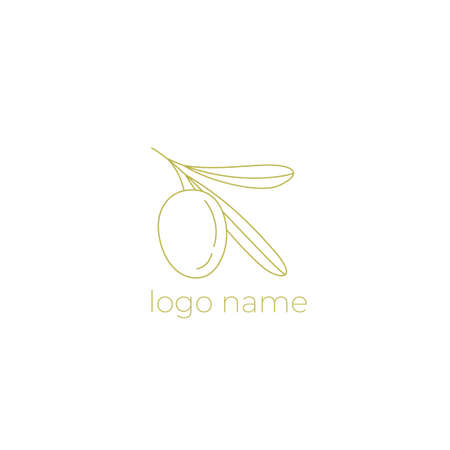 Logo of olives on a branch. Modern logo in line style. Minimalistic floral vector illustration. Elegant sign for canned olives, olive oil, olive plantation. logo of branchのイラスト素材