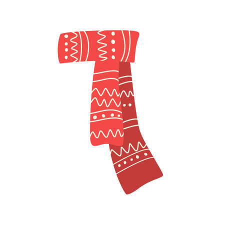 Red scarf with winter pattern. Christmas sticker. Hand drawn winter element. Christmas illustration for card, poster, stickerpack, web, scrapbooking, patterns. Isolated vector on white backgroundのイラスト素材