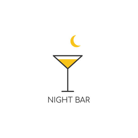 Alcohol logo. Logo for a bar, shop, restaurant. A glass of martini with yellow liquid on a white background with a crescent moon with the words "night bar". Vector illustration symbol.のイラスト素材