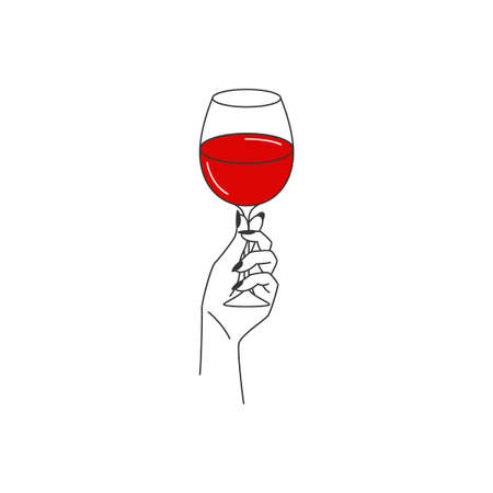 Minimalistic logo of an alcoholic establishment. Logo for a bar, shop, restaurant. Glass with red wine in hand. Isolated over white background. Vector illustration symbol.のイラスト素材