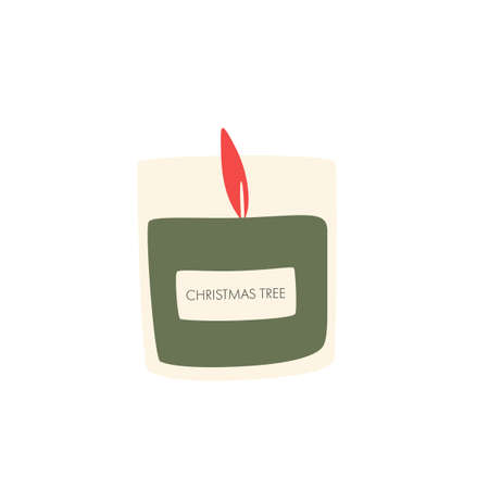 Christmas pine scented candle. Christmas sticker. Hand drawn winter element. Christmas illustrations for cards, posters, labels, web, logos, templates. Isolated vector on white background.のイラスト素材
