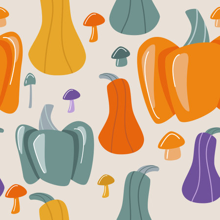 Vector autumn seamless pattern with orange, gray, purple and yellow pumpkins and mushrooms. Set of pumpkins and mushrooms of different colors and sizes. Halloween decor. Vector illustration.のイラスト素材
