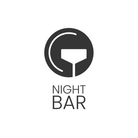 Minimalistic black and white logo for alcoholic bar, shop, restaurant. A glass inscribed in a circle and with the inscription "night bar". Isolated over white background. Vector illustration symbol.のイラスト素材