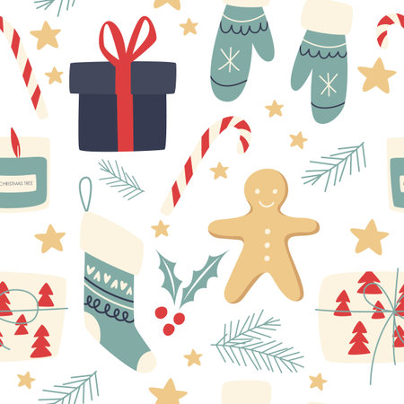 Holiday Seamless Pattern with Christmas symbols. Xmas winter poster collection. Merry Christmas,...
