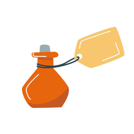 A flask of potion corked with a note. Medication concept. Medicine icon. Halloween concept. Vector illustration isolated on white background.のイラスト素材