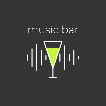 Minimalistic black and white logo of an alcoholic establishment. Logo for a bar, shop, restaurant. A cocktail glass on the background of a running music track and the inscription "music bar". Isolatedのイラスト素材