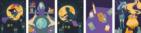 Set of pictures for halloween.The witch flying over the city.Fortune-telling session on a magic ball.The girl brews a potion in a cauldron.Fortune telling on tarot cards by candlelight.Vector illustraのイラスト素材