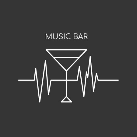 Minimalistic black and white logo of an alcoholic establishment. Logo for a bar, shop, restaurant. Cocktail glass on the background of the heartbeat and the inscription "music bar". Isolated. Vector.のイラスト素材