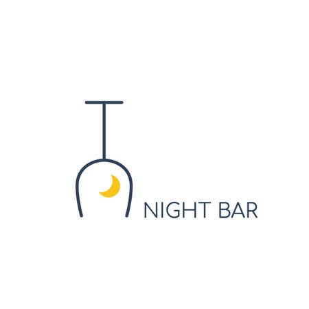 Minimalistic logo for alcoholic bar, shop, restaurant. Night bar lettering with yellow crescent sign. Isolated over black background. Vector illustration symbol.のイラスト素材