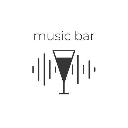 Minimalistic black and white logo of an alcoholic establishment. Logo for a bar, shop, restaurant. A cocktail glass on the background of a running music track and the inscription "music bar". Isolatedのイラスト素材
