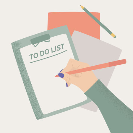 A table with a female hand writing plan in a notebook. A comprehensive to-do list with goals and...
