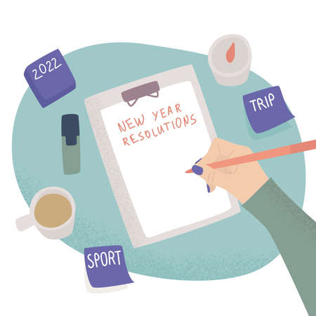 A table with candles, a cup of coffee on it and a female hand writing plan in a notebook. A comprehensive to-do list with goals and objectives. Colorful vector flat cartoon top viewのイラスト素材