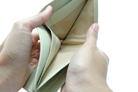 The wallet is opened by both hand in white background and found no moneyの写真素材