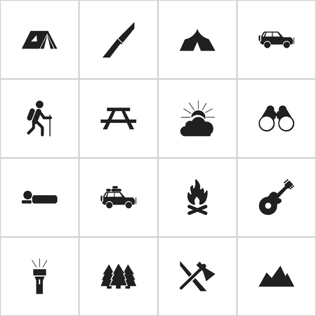 Set Of 16 Editable Travel Icons. Includes Symbols Such As Knife, Bedroll, Field Glasses And More. Can Be Used For Web, Mobile, UI And Infographic Design.のイラスト素材